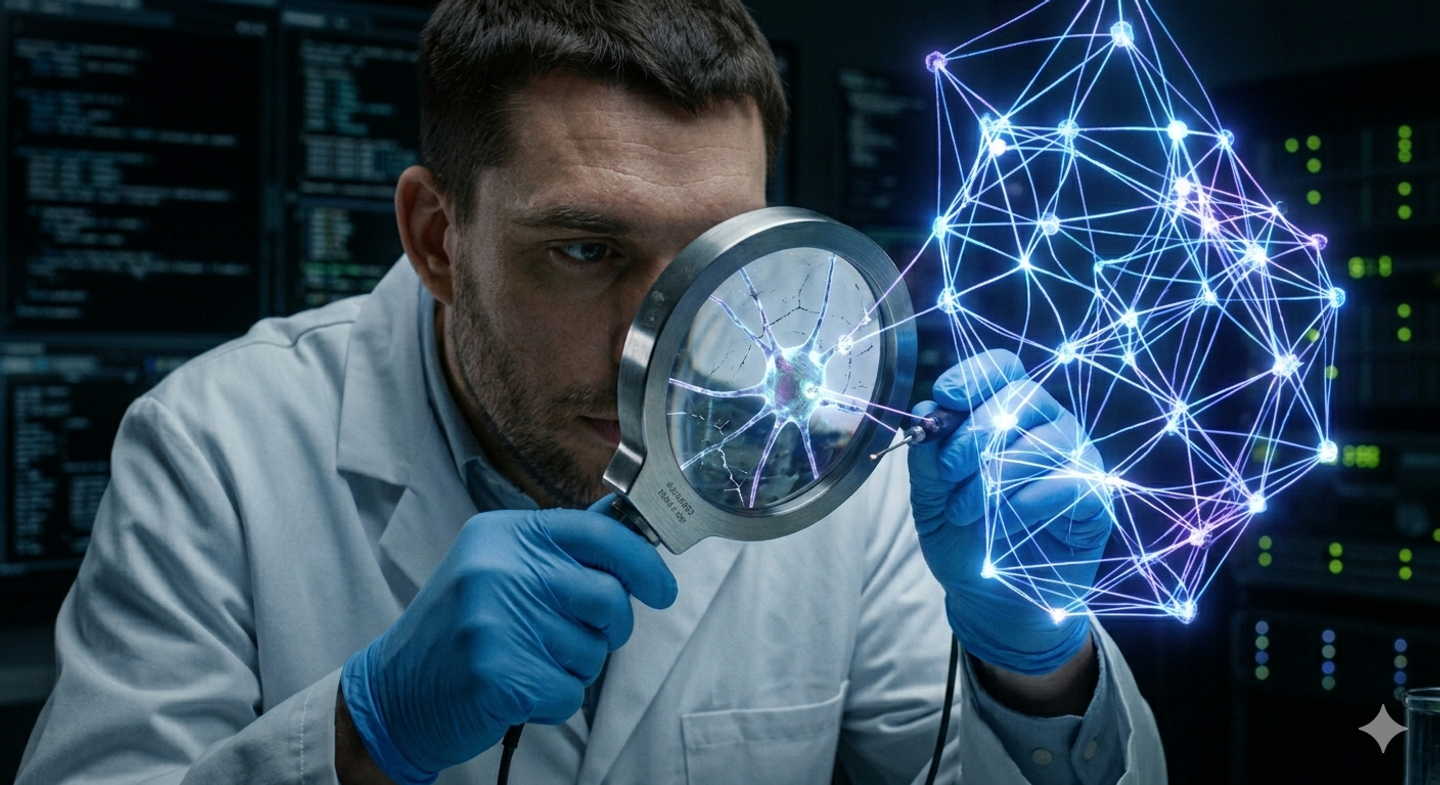 Mężczyzna w stroju laboratoryjnym oglądający sieć neuronową przez lupę